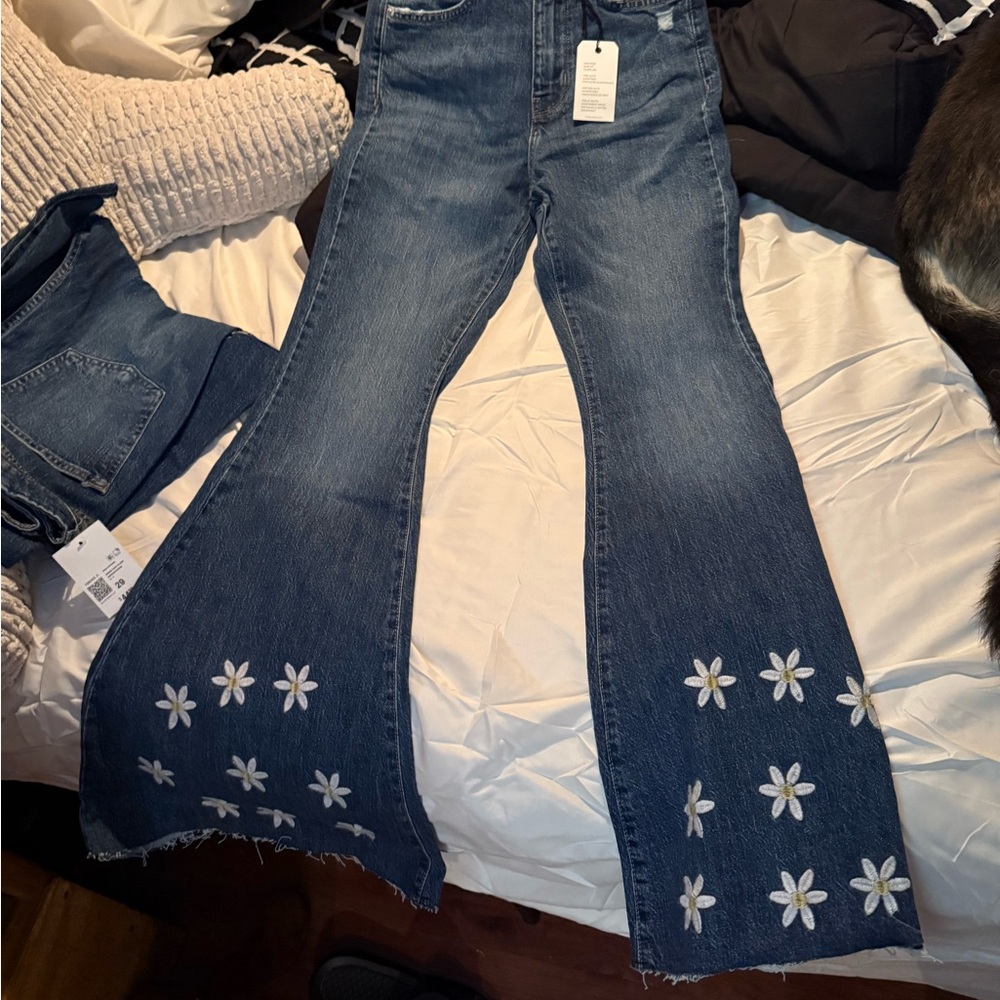 Forever 21 Blue Floral Wide Leg Jeans